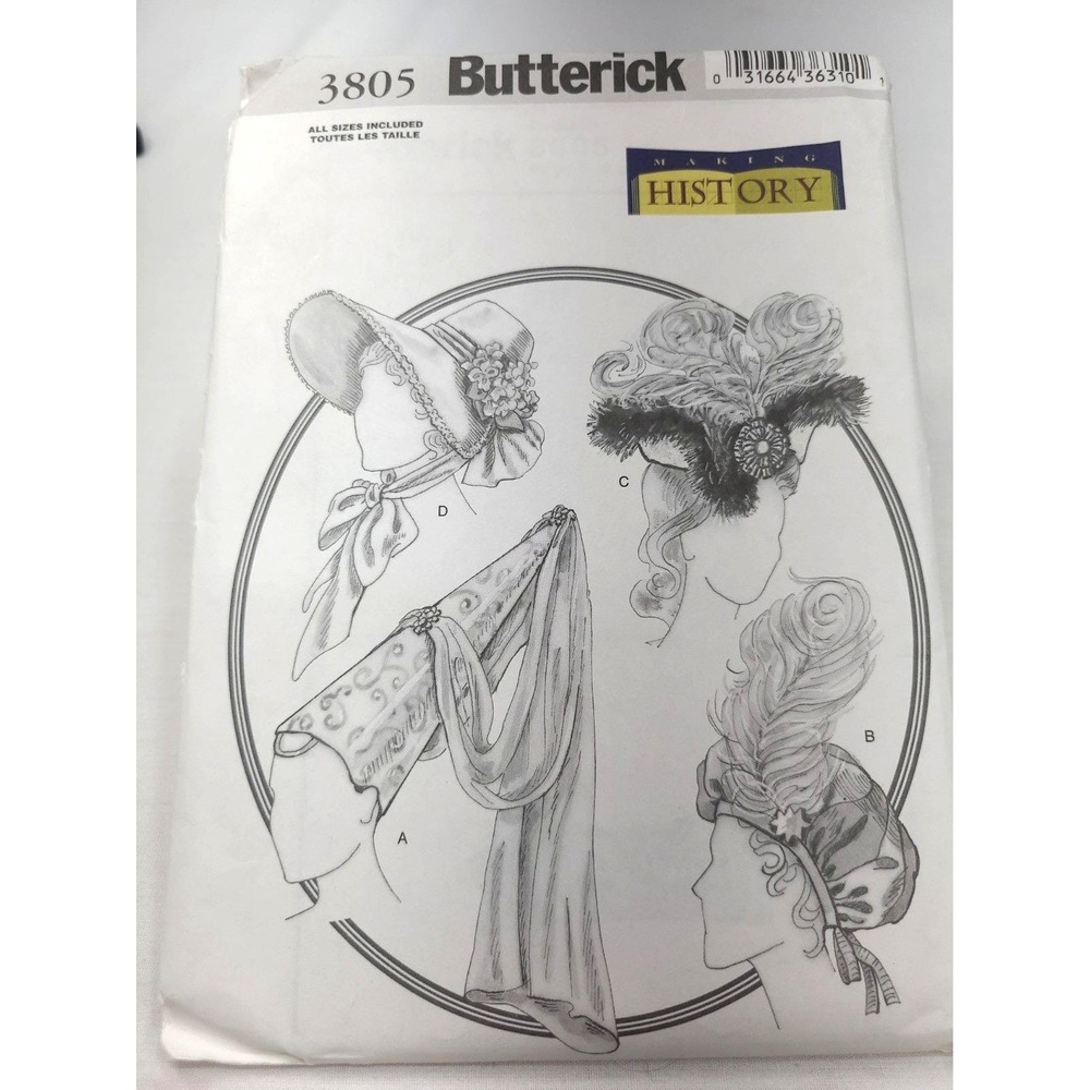Butterick Sewing Pattern 3805 Making History Historical Hats UNCUT OS FF
